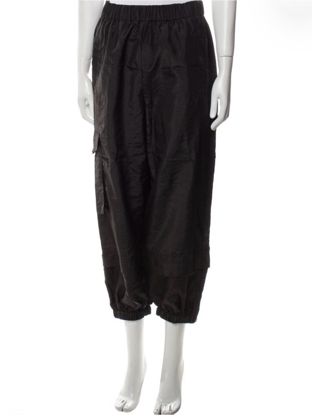 Tibi Black Cropped Elastic-Hem Cargo Pants